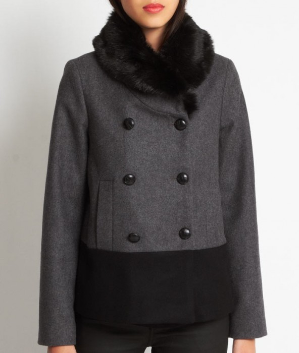 ALAIN - Manteau bande bicolore, col fausse fourrure