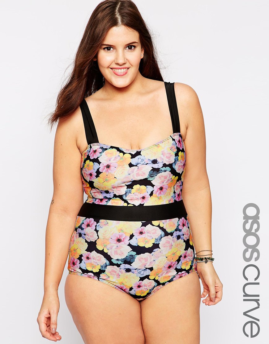 Exclusivité ASOS CURVE - Maillot de bain à fleurs avec ceinture – Jaune - 45,99 €